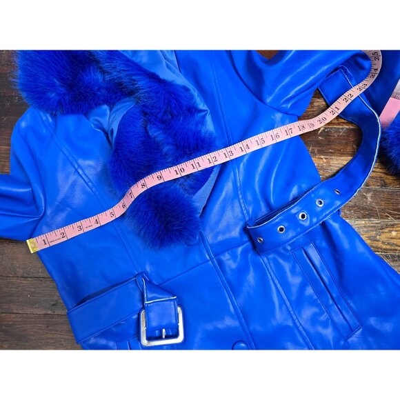 Y2K Does 70s Bright Blue Faux Leather Penny Lane Coat Belted - Picture 8 of 16